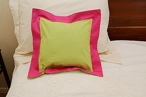 Pillow Sham. MACAW GREEN with RASPBERRY SORBET border.12" SQ.